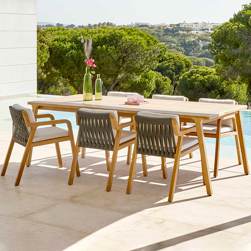 Mesas y sillas para exteriores, balcón de patio de villa, muebles de teca y ratán, terraza acristalada, jardín exterior, juego de sillas de ratán de madera maciza. image 4