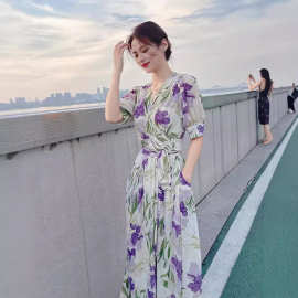 印花中长款法式新款A字裙v领显瘦白色短袖开叉淑女时尚复古夏春秋