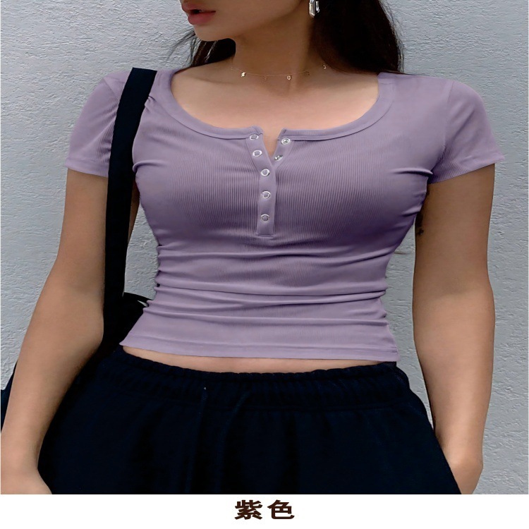 跨境欧美新款女士纯色短袖U领气质上衣罗纹针织半开襟纽扣修身T恤|undefined