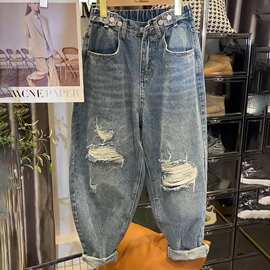 加大码胖300斤破洞牛仔裤女春夏韩版学生宽松显瘦乞丐哈伦裤2