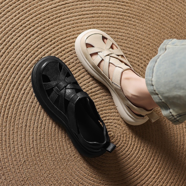Sandal nữ đế dày da cừu phối quai ngang phong cách học đường — màu đen, màu trắng ngà chi tiết 30