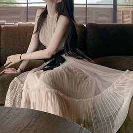 ZHOYUE法式薄纱度假风连衣裙女夏收腰无袖气质海边长裙子圆领压褶