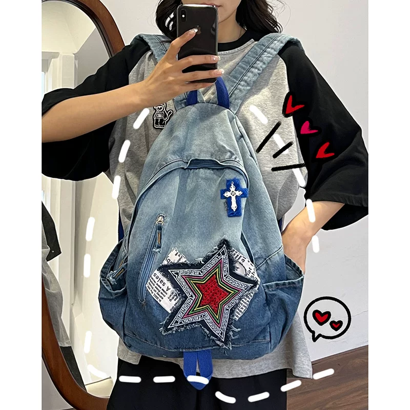双肩包 Capacious fashionable school bag for elementary school students, trend backpack, travel bag for leisure, denim cloth book, for students