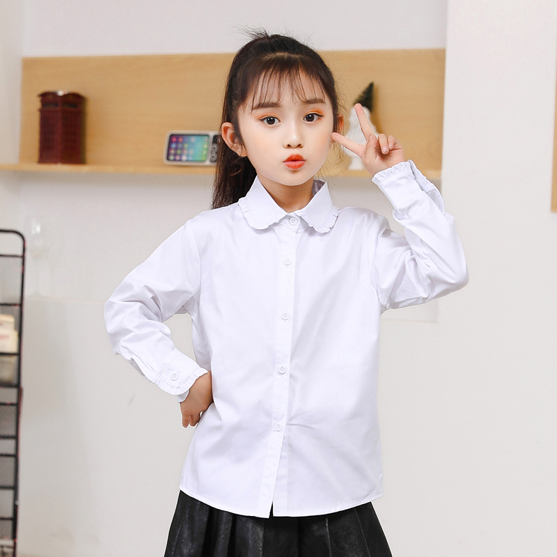 Niñas camisa blanca pura camisa de manga larga moda Otoño e Invierno estudiantes de escuela primaria primavera y verano ropa estilo campus entrega al por mayor