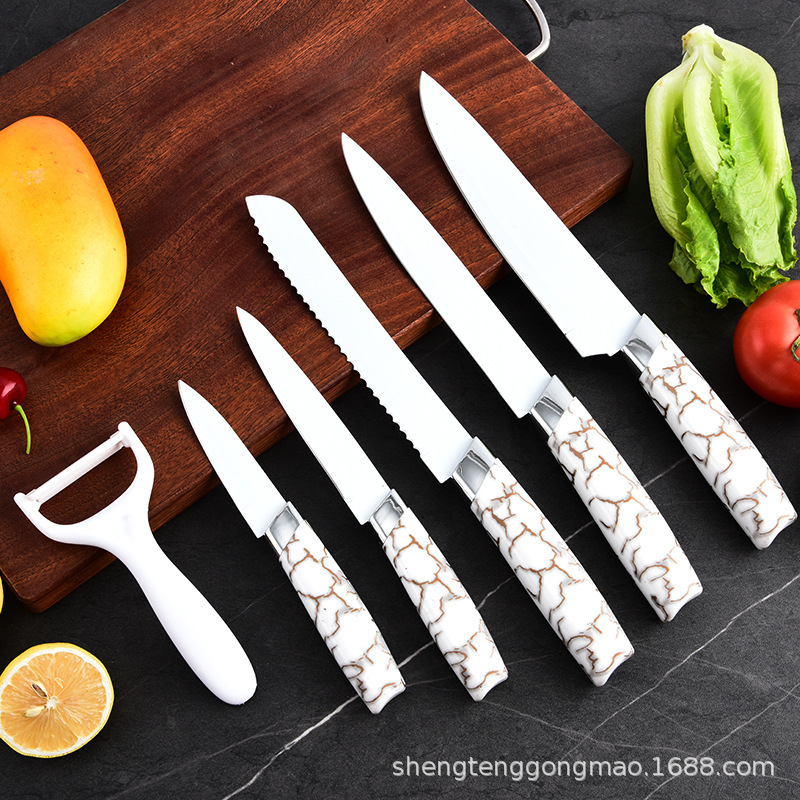 Cuchillos de cocina de acero inoxidable al por mayor 6 piezas de mango de mármol cuchillo de cocina cuchillo de pan utensilios