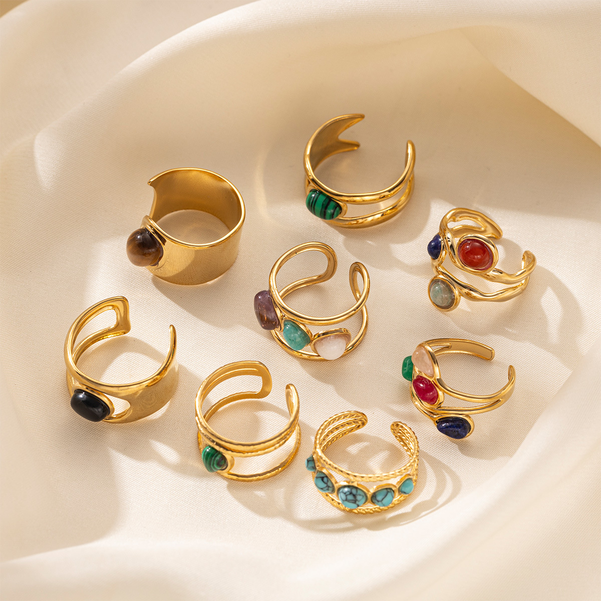 Anillo de acero inoxidable europeo y americano de Tena, lujo ligero, sentido de alta gama, anillo de piedra natural de color hueco de todo fósforo, joyería de nicho femenina