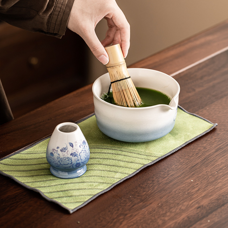 青花抹茶茶具套装渐变蓝抹茶碗七件套百本立抹茶碗茶勺茶巾七件套|undefined