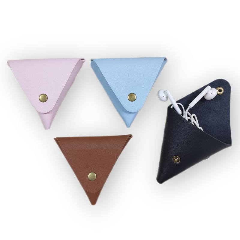 折叠三角形耳机包PU皮革零钱包复古硬币收纳包耳机袋包装盒复古风