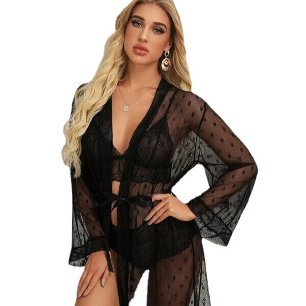 Lencería sexy transparente de encaje sexy camisón de malla de tul vestido de suspensión Albornoz conjunto de tres piezas