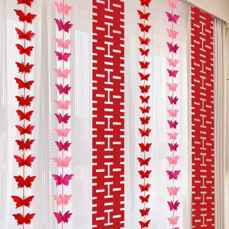 [긴 스트립 2.2m개] 해피 펀치 펜던트 [2팩] + 그라데이션 핑크 나비 2개 + 빨간 나비 2개 + 프리 글루 도트