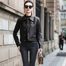 海宁新款秋季真皮皮衣女短款半植鞣真皮绵羊皮休闲外套简约翻领