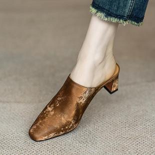 New Chinese Style Guofeng Baotou Half Slippers Women's Summer New Outfit Square Head Thick Heel Elegant Simple Lazy Muller Sandals and Slippers