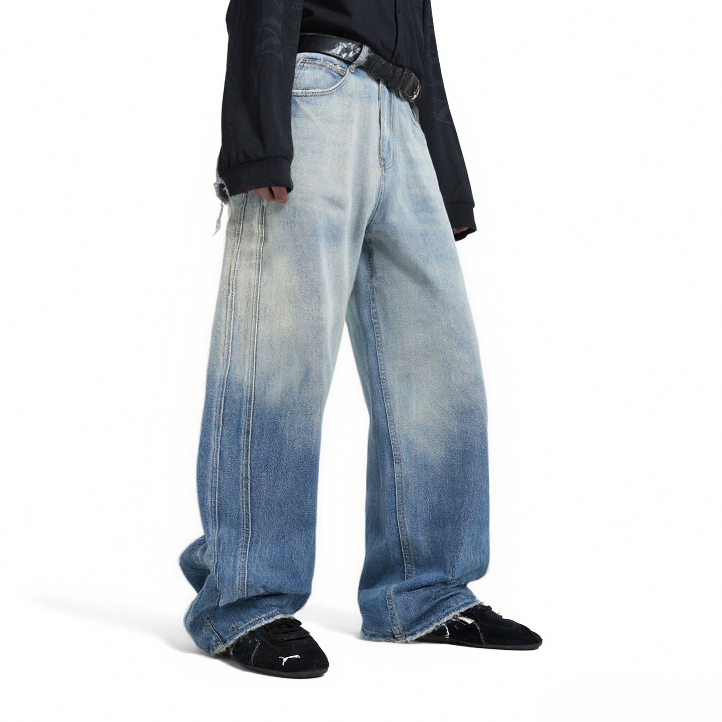 Jie Zhan Men's Clothing | Gradient Frayed Jeans 26 Spring and Summer New American Street Style Distressed Wide-Leg Casual Pants for Men