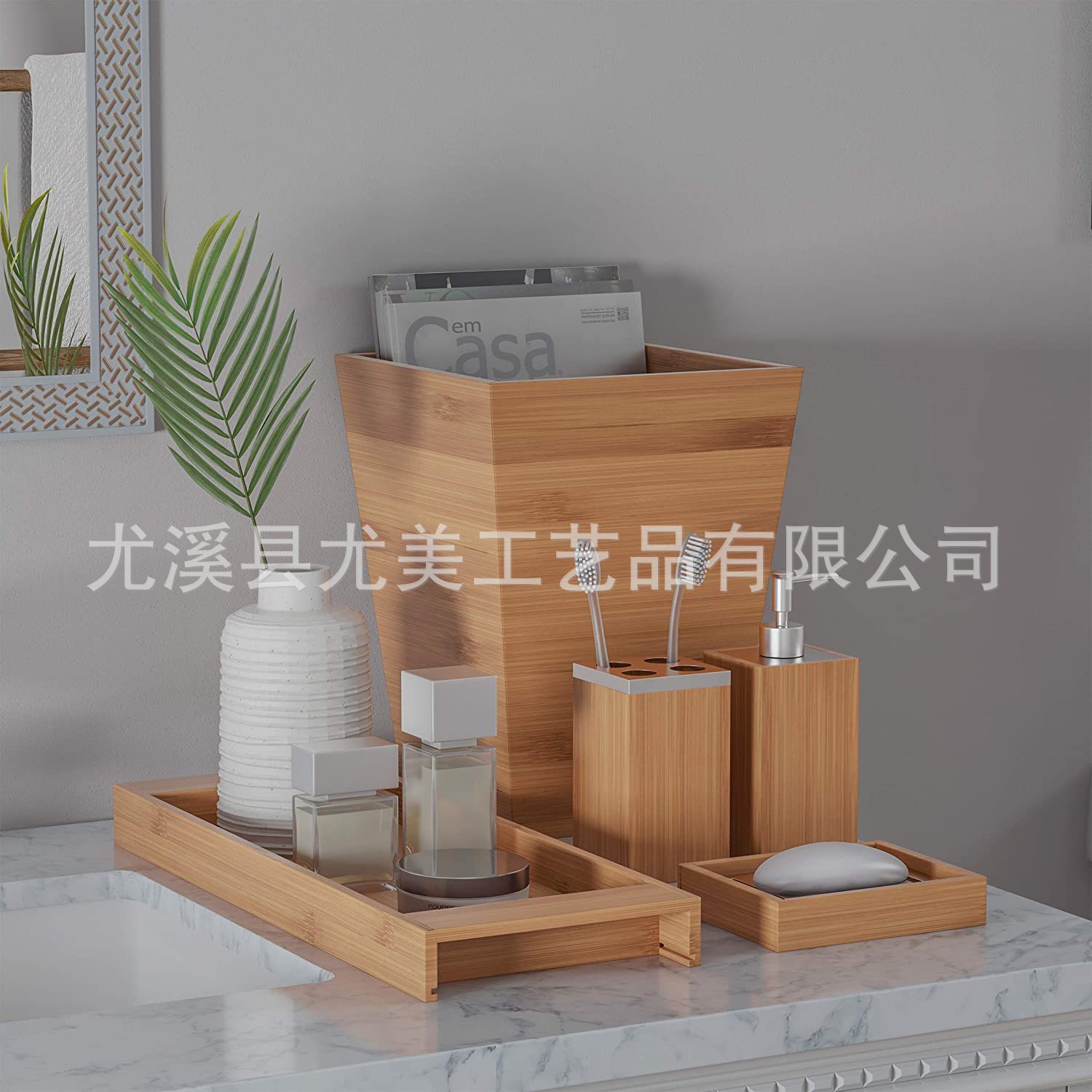 Accesorios de baño de bambú transfronterizos 5 piezas bandeja de madera dispensador de loción caja de jabón de bambú cepillo de dientes titular