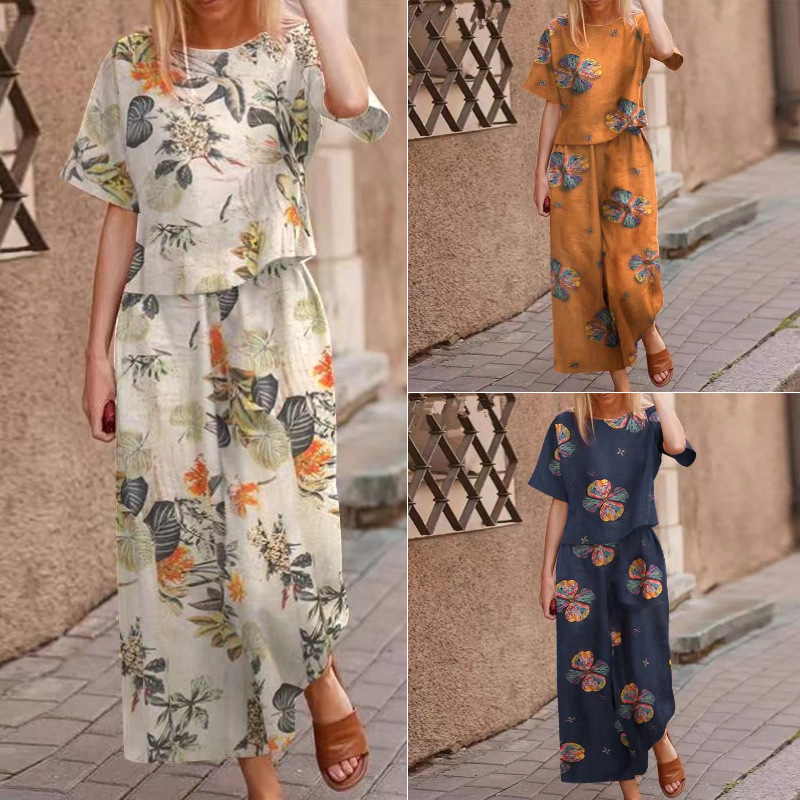 Amazon cross-border spring and summer temperament leisure printed cotton and linen flowers short sleeve fashion sports suit wholesale foreign trade