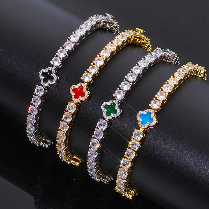 European and American Hip-Hop Ins Style Four-Leaf Clover Zircon Tennis Chain Personalized Custom Jewelry High-End Women's Bracelet Accessories