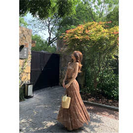 复古格纹无袖背心连衣裙女夏季气质修身大摆长裙显瘦收腰a字裙子