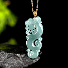 Natural A-grade Jadeite Blue Water Imitation Antique Dragon Pendant with 18K Gold Clasp Ice Jadeite Jewelry Pendant for Men and Women, Wholesale