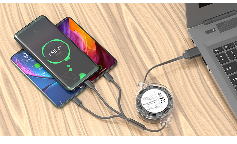 Crystal retractable data cable with one to three logo gifts three in one easy storage universal mobile phone 3A fast charging cable