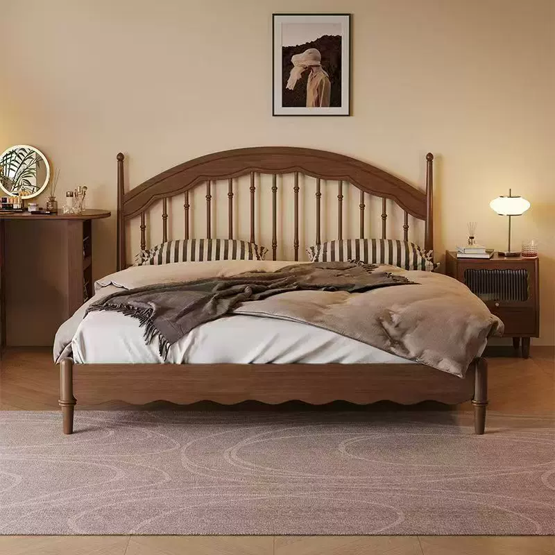 全实木温莎床中古风主卧美法式复古双人床新中式胡桃木色竖琴大床