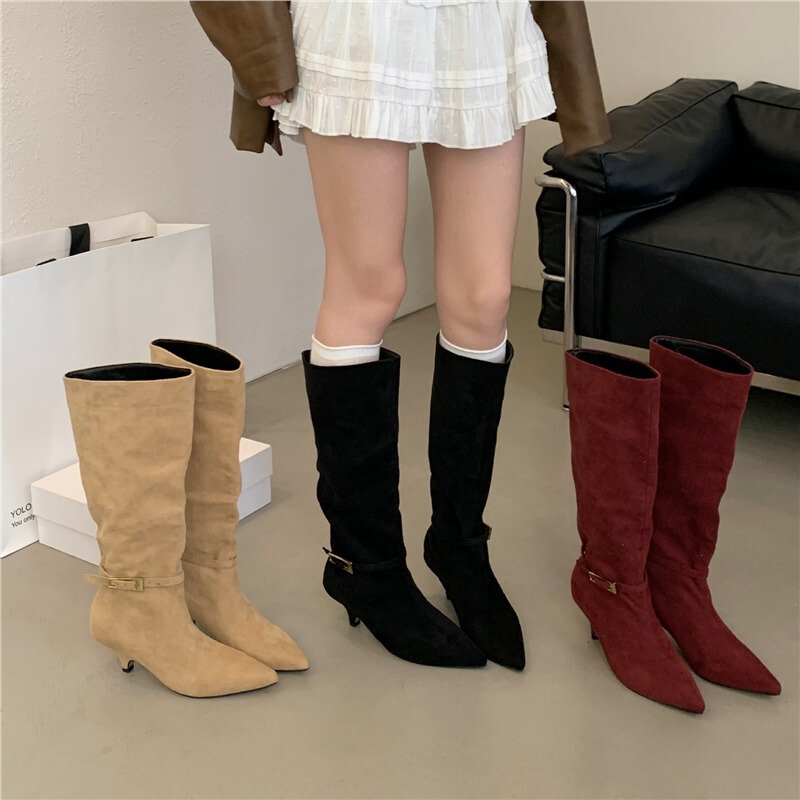Niche Design Slim Pointed Toe Small Heel Boots Detachable Belt Buckle Knee Boots French Style Knight Boots