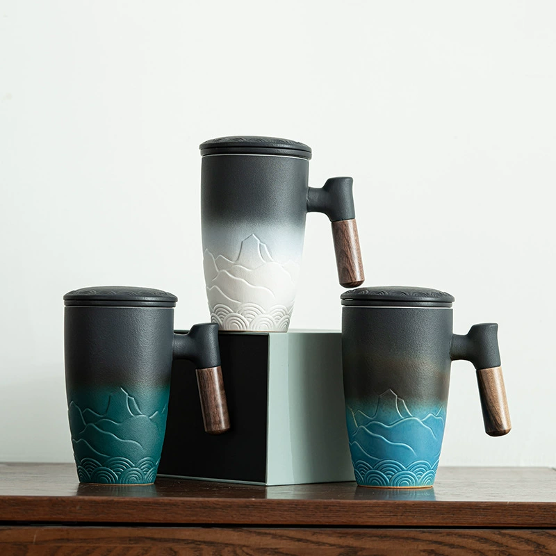 Офисная чашка Shangyue в японском стиле, керамическая чашка, кружка с деревянной ручкой с крышкой, чашка для замачивания чая, чашка для питья большой емкости
