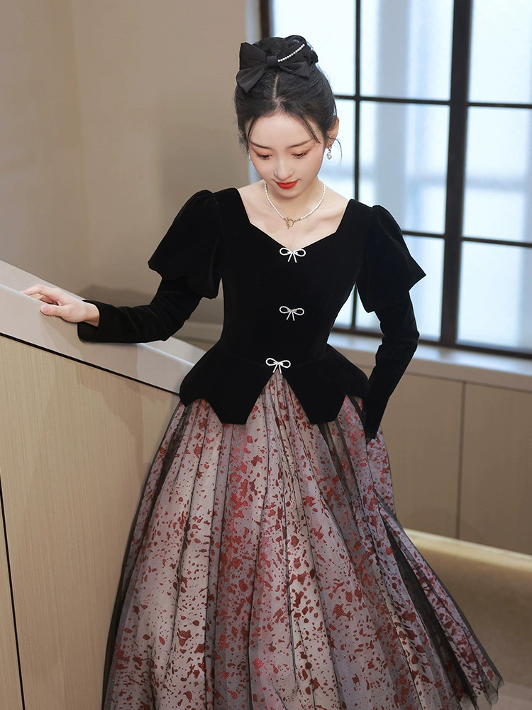 Вечернее платье для женщин 2025: новое, элитное, в стиле принцессы, для выпускного вечера, на ежегодное собрание, черное, с длинным рукавом, с элементами изысканности