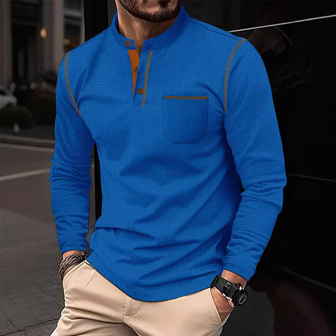 Long Sleeve Houndstooth Casual Golf Polo Shirt European and American Men's Summer Men's Thin Solid Color Long Sleeve