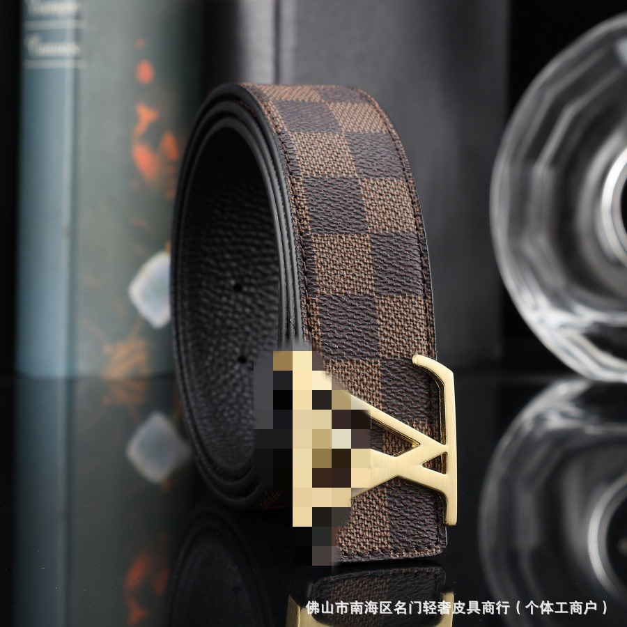 跨境男士真皮腰带网红格子纹3.8打孔牛皮皮带高端休闲商务裤腰带