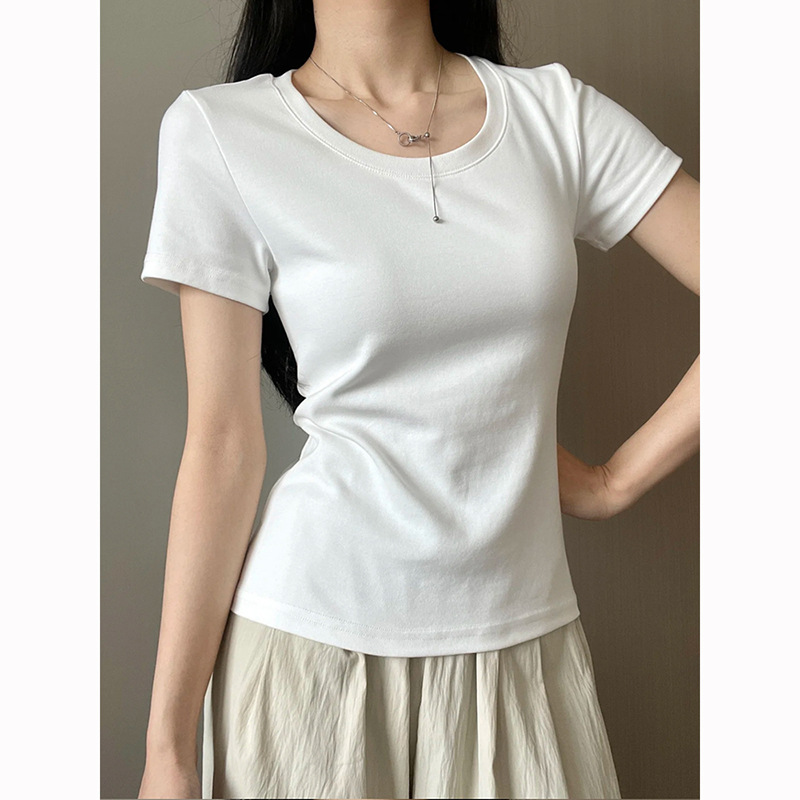 2026 Summer New Style Slim Fit U-Neck T-Shirt for Women, Casual Versatile White Round Neck Short-Sleeve Top