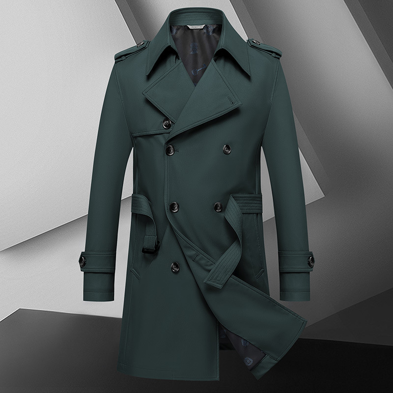 Men's Quality Haze Blue Men's Coat Double Breasted Belt Spring and Autumn Mid Length Coat_voghion.com