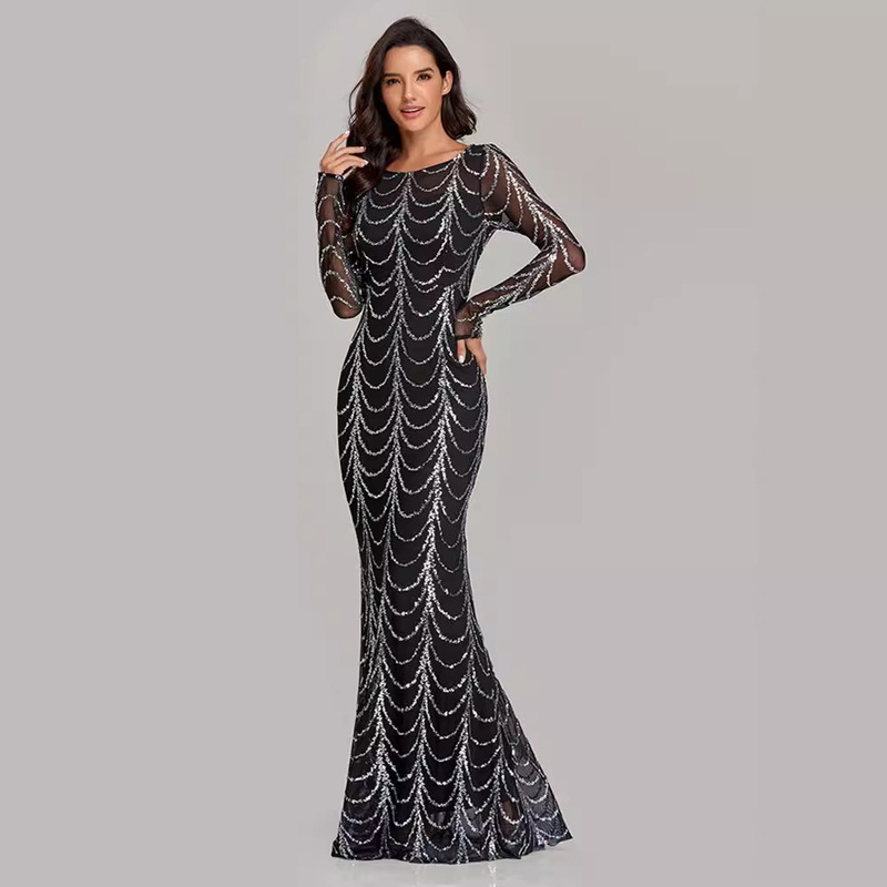 2025 Spring/Summer New Slim Fit Banquet Mermaid Dress Elegant Party Sequin Long Sleeve Round Neck European and American Evening Dress