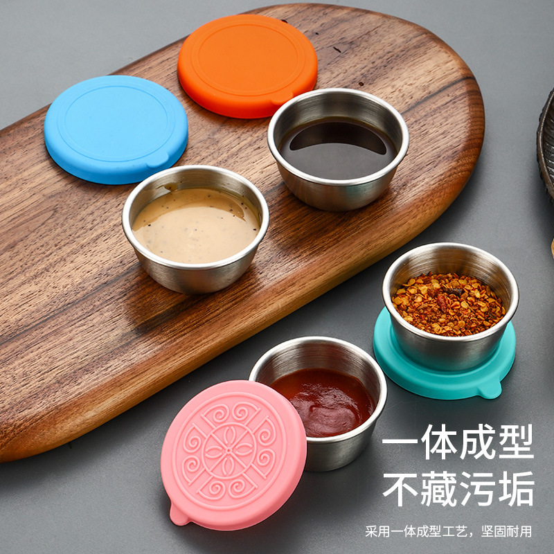 Cross-border 304 stainless steel 40ml/50ml silicone lid sauce cup tomato salad seasoning container silicone dipping dish