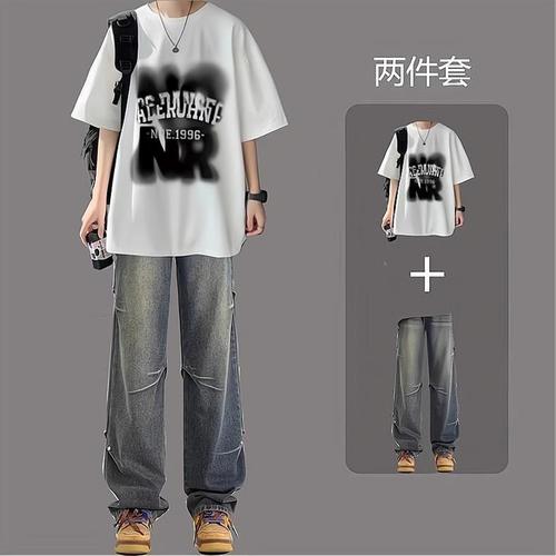 Summer Boys Cool and Stylish Top Set American Bad Boy Youth Short Sleeve T-Shirt Set Matching Loose