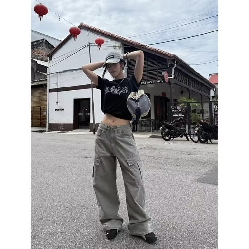 美式高街大口袋弯刀裤女工装裤设计感宽松褶皱嘻哈休闲水洗长裤潮|undefined