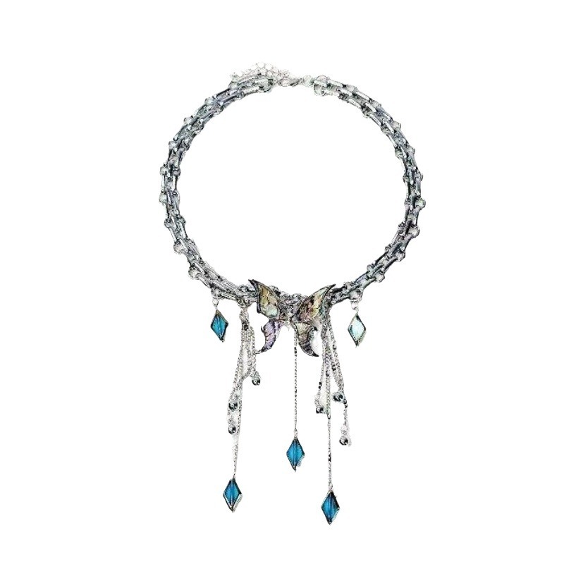 Sweet Cool Fashion Heavy Craft Mother-of-Pearl Butterfly Tassel Necklace Minimalist Style Niche Design Sense Choker_voghion.com