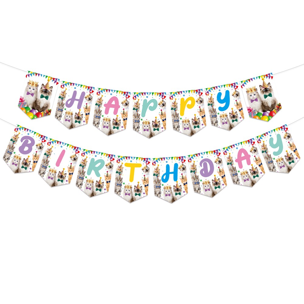 Nueva decoración de fiesta de cumpleaños para gatos con bandera de tracción para mascotas con tema de decoración de cumpleaños para tarjetas de pastel