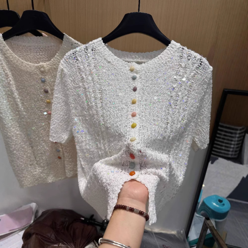 Plus Size Fat mm Loose and Super Slim Summer New Korean Style Niche Design Round Neck Short-Sleeved Cut Out Knitted Cardigan