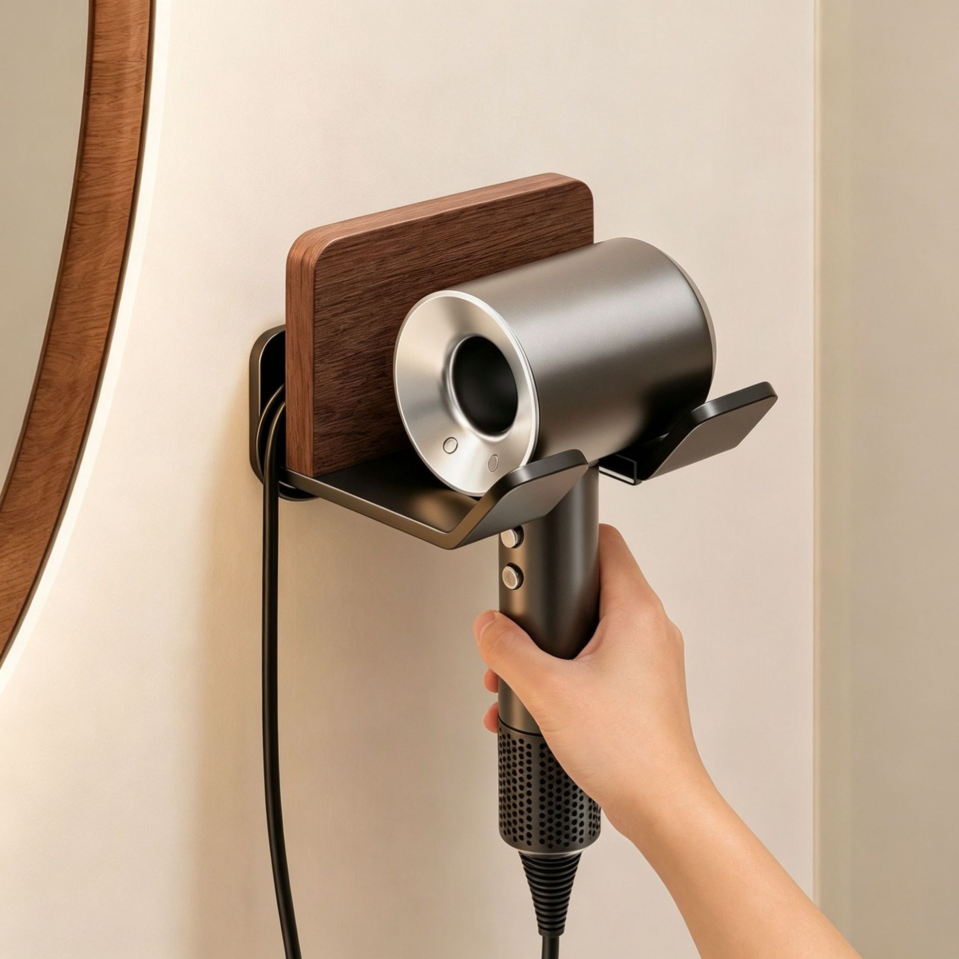 Walnut wood hair dryer stand, bathroom storage rack, no-drill wall-mounted lazy hair dryer holder