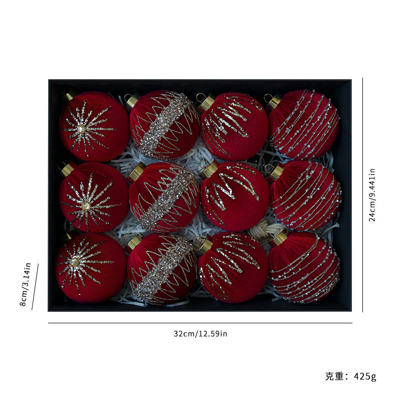 8CM/12PCS闪钻丝绒包布圣诞球套装 diy圣诞树装饰球橱窗挂饰现货|undefined