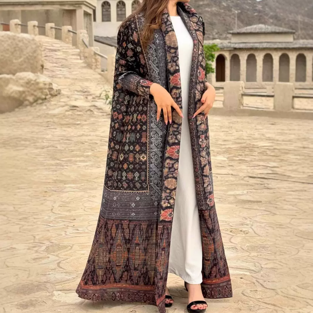 三宅褶皱女式风衣印花长袍土耳其迪拜长裙Abaya女东穆斯林风衣