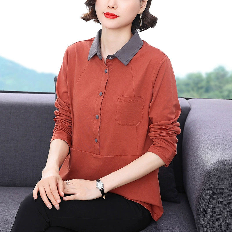 Женский хлопковый топ с длинным рукавом и лацканами, осень 2023, Новый стильный модный свободный элегантный топ для мам среднего возраста с воротником поло