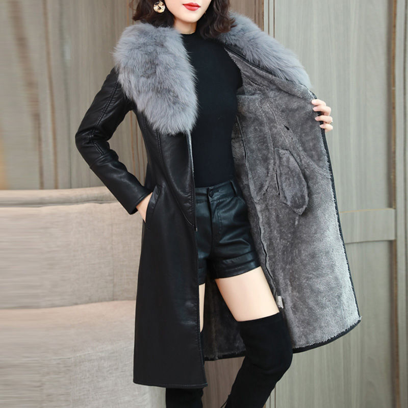 大毛领冬季皮衣女加绒加厚中长款韩版2019新款修身显瘦收腰皮外套