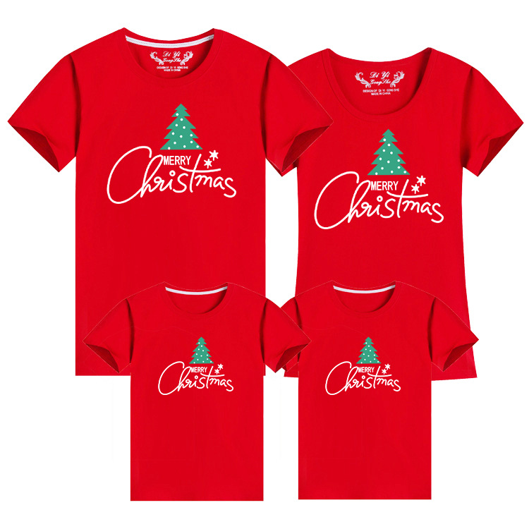 2026 New Style Christmas Tree Round Neck Short Sleeve T-Shirt for Families of Three or Four