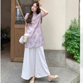 2025春季新款盐系复古时尚百搭高腰休闲阔腿裤女国风新中式两件套