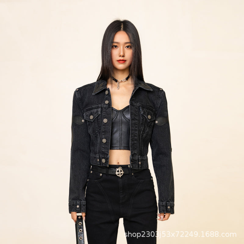 Smfk Classic Dance Denim Jacket Cross Flower Arm Patchwork Slim Short Black Jacket New Slim Jacket