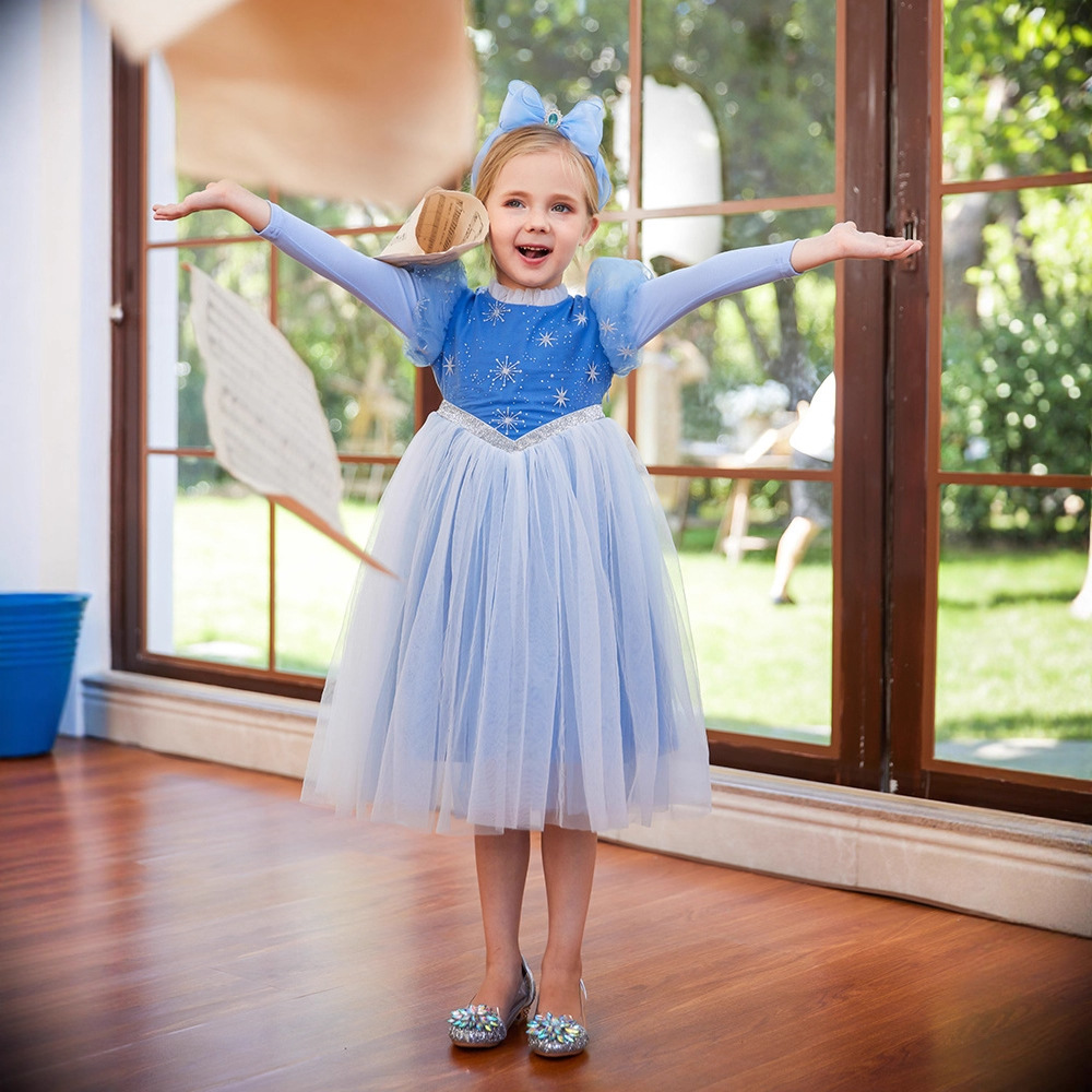 Vestido de princesa Aisha Vestido de nuevo estilo de niña azul Red de celebridades de Internet Falda de tutú de malla de manga larga Vestido de niños Aisha