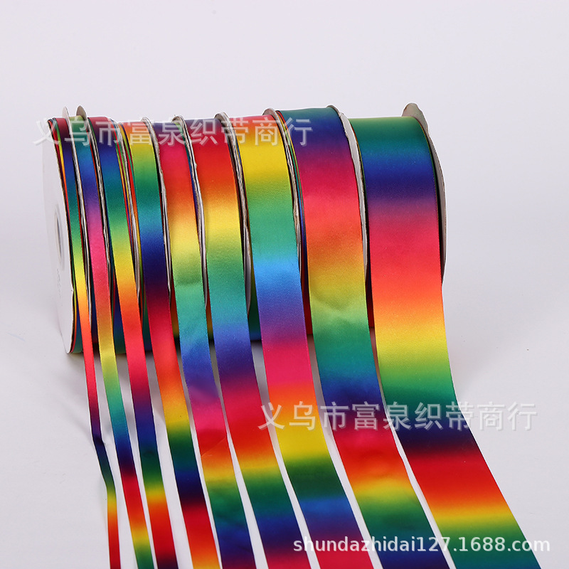 Venta al por mayor colorido Arco Iris gradiente poliéster transferencia caliente impresión cinta DIY cinta en stock caja de regalo tocado floral vendaje