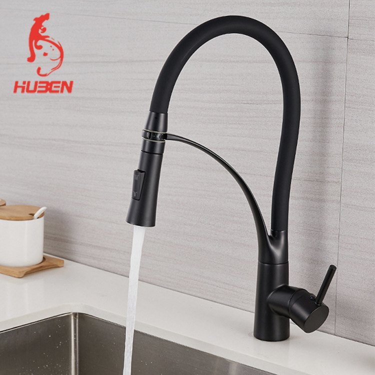Black paint brass kitchen faucet with sprayer pull silicone tube kitchen sink spring faucet