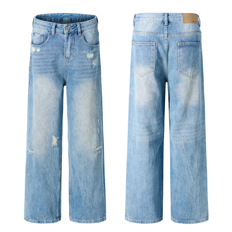 Lktm Men's American Retro Washed Blue Tie-Dye Ripped Jeans Unisex Trendy Versatile Loose Straight Pants